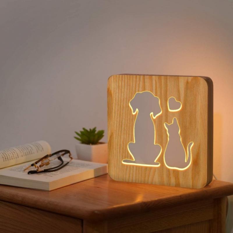  İnce serisi Köpek ve Kedi Aşk Başucu Lambası, Coopark 3D Optik Sevimli Hayvan LED Ahşap Gece Lambası-1576